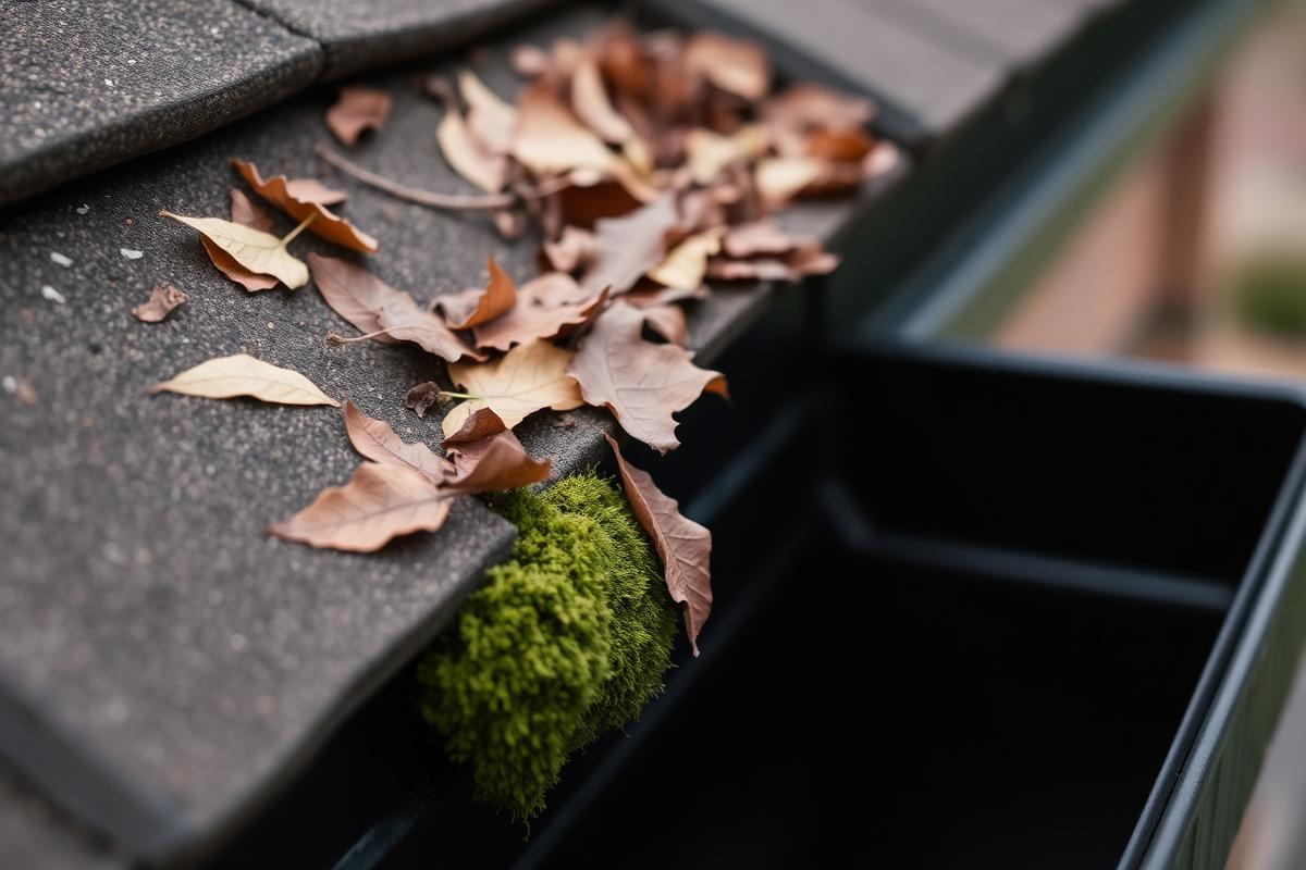 Blocked gutter filled with leaves and moss beside a clean gutter
